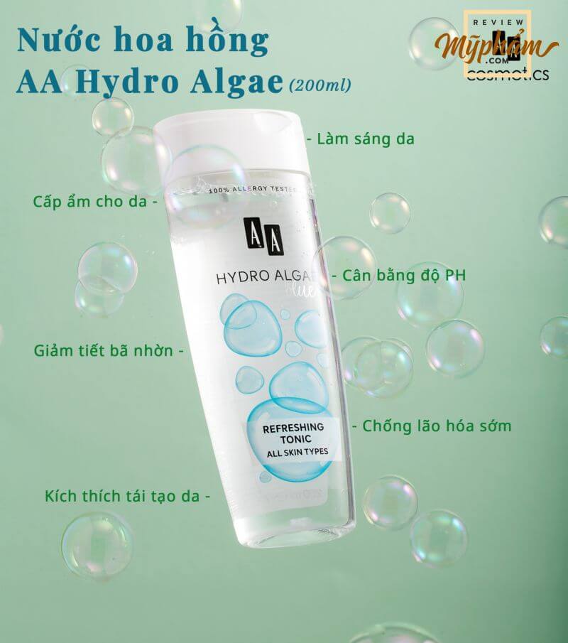 Review nước hoa hồng AA Hydro Algae Toner của AA Cosmetics cấp ẩm cho da chuẩn Châu Âu
